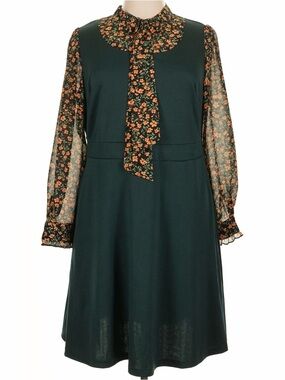 BloomChic Retro Forest Green Floral Tie-Neck Dress